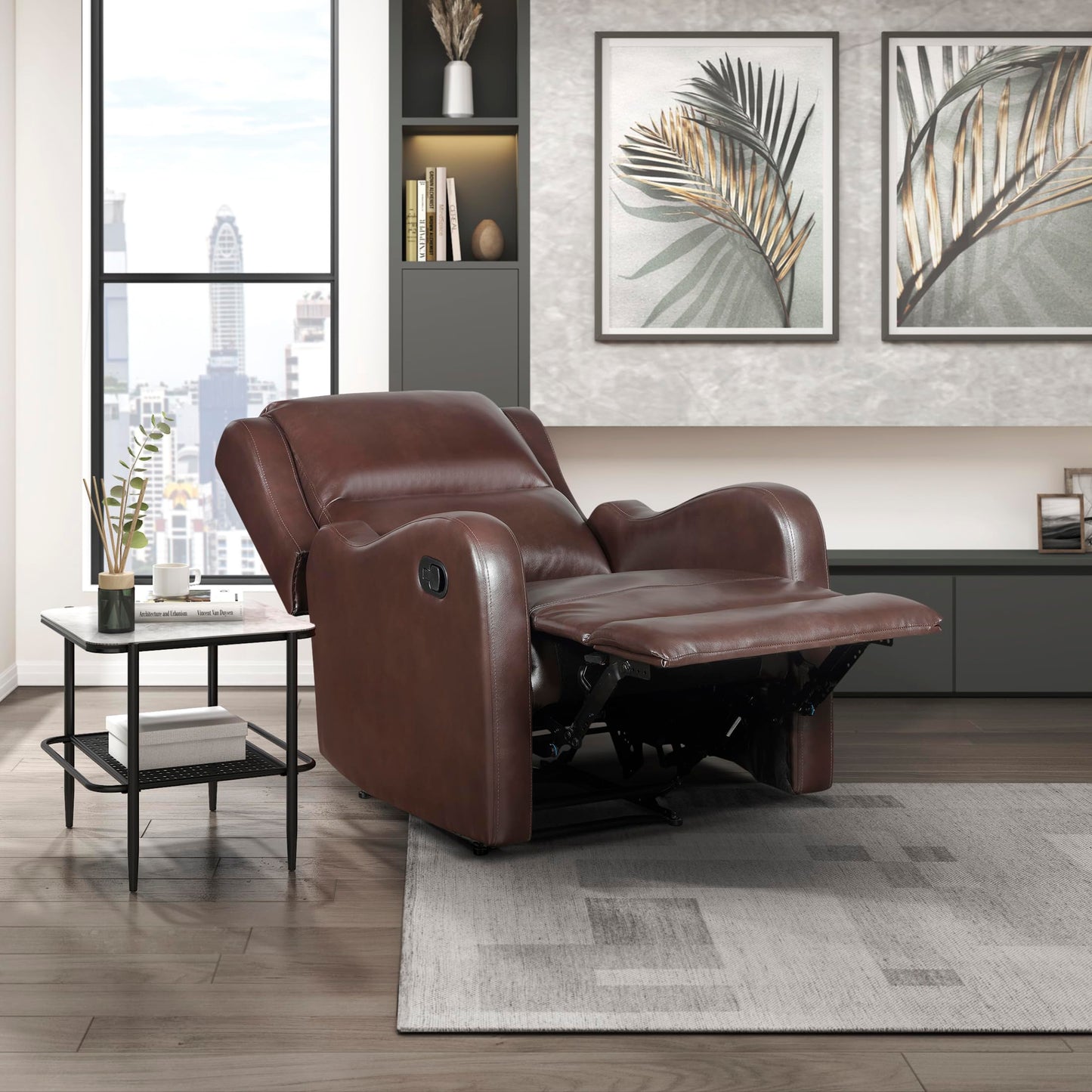 Lexicon Manual Recliner Chair, Reclining Sofa Chair, Home Theater Seating, Wall Hugger, Manual Recliner for Living Room/Office/Apartment, Easy Assembly, Brown Faux Leather