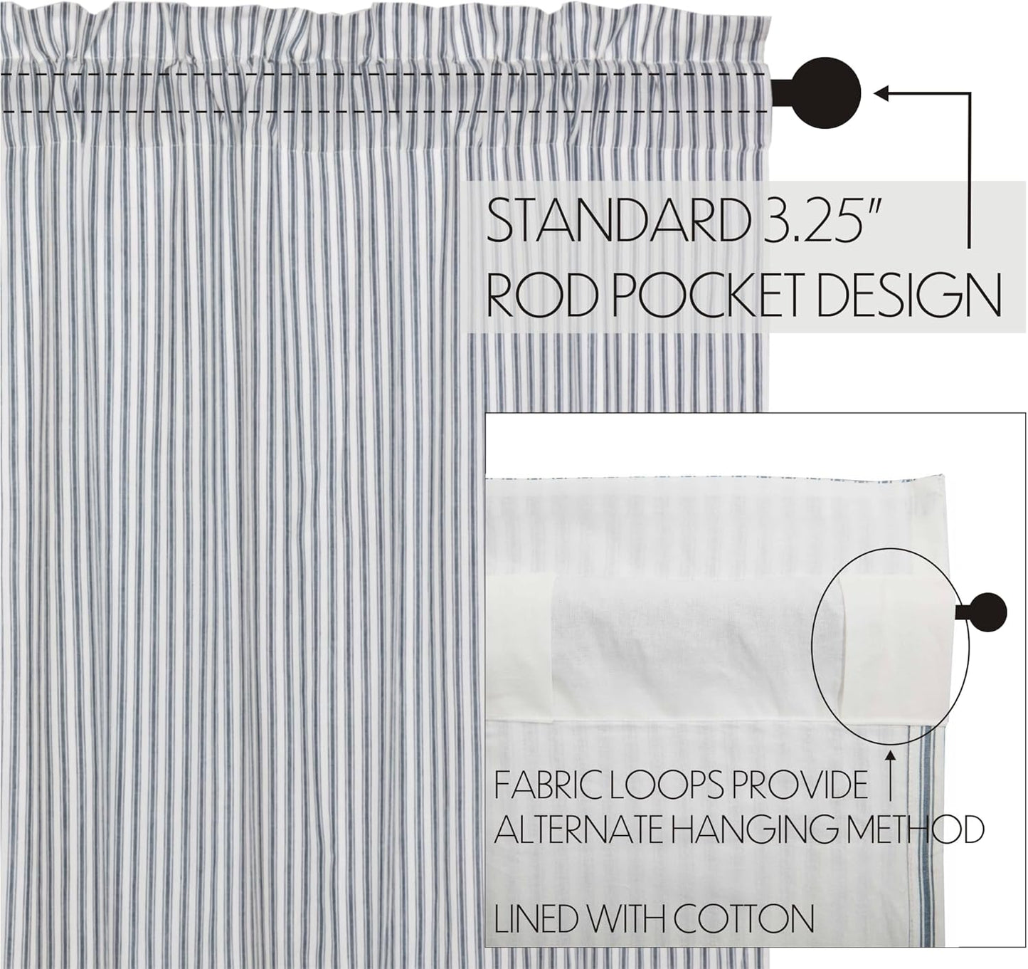 VHC Brands Sawyer Mill Blue Valance Curtain Lined Stripe for Kitchen or Dining Room Windows 16x72