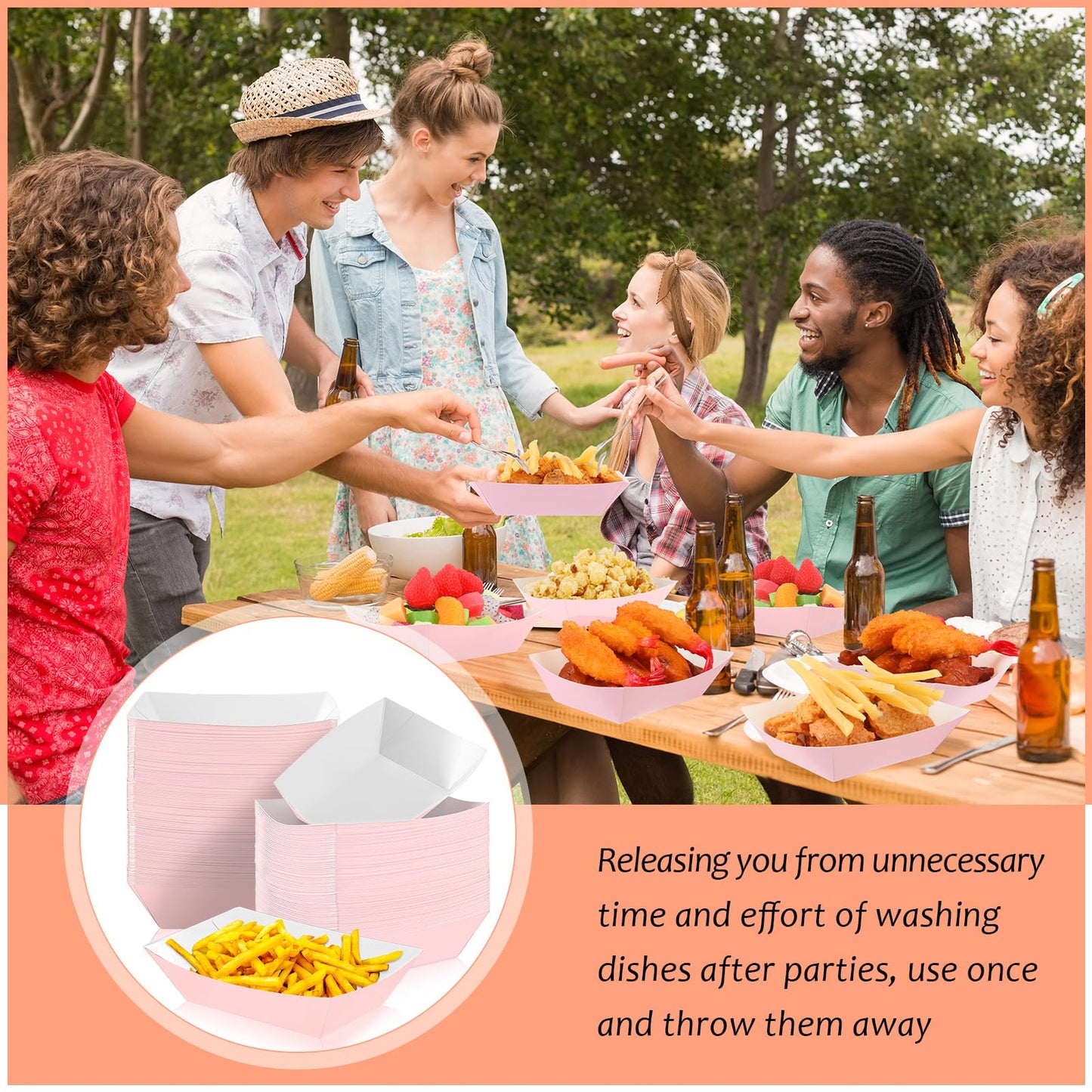 Yinkin 100 Pcs 2lb Paper Food Trays Boat 2lb Disposable Nacho Trays Kraft Paper Boat for Tacos Concession Easter Graduation Birthday Wedding Christmas Halloween Valentine Party Supplies(Light Pink)