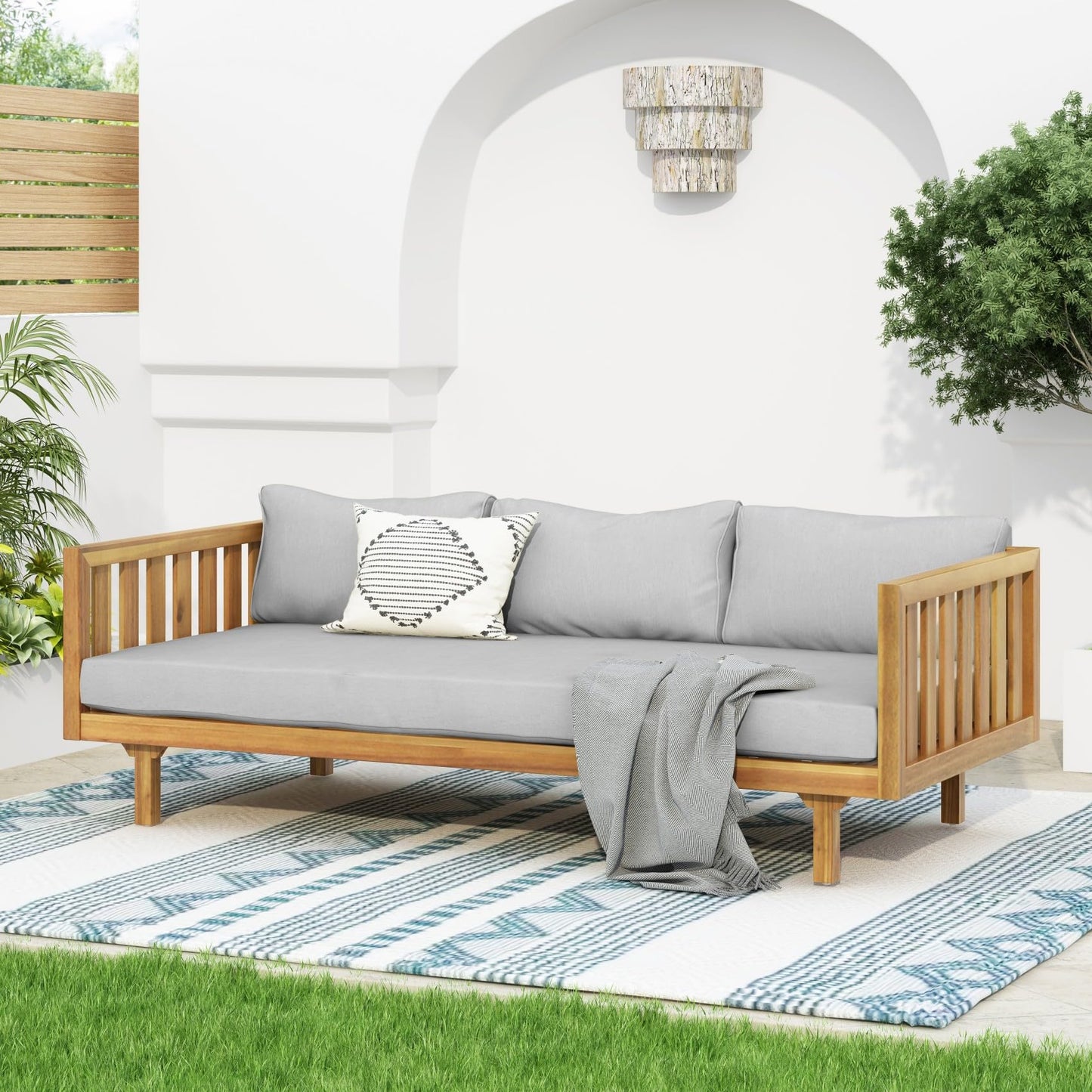 Merax Solid Acacia Wood Couch Chaise Lounge Chair Indoor, 3 Seater Daybed Sofa Couches with Cushions & Pillow, Heavy Frame Day Bed for Living Room, Office, Outdoor, Balcony, Patio, Water Resistant