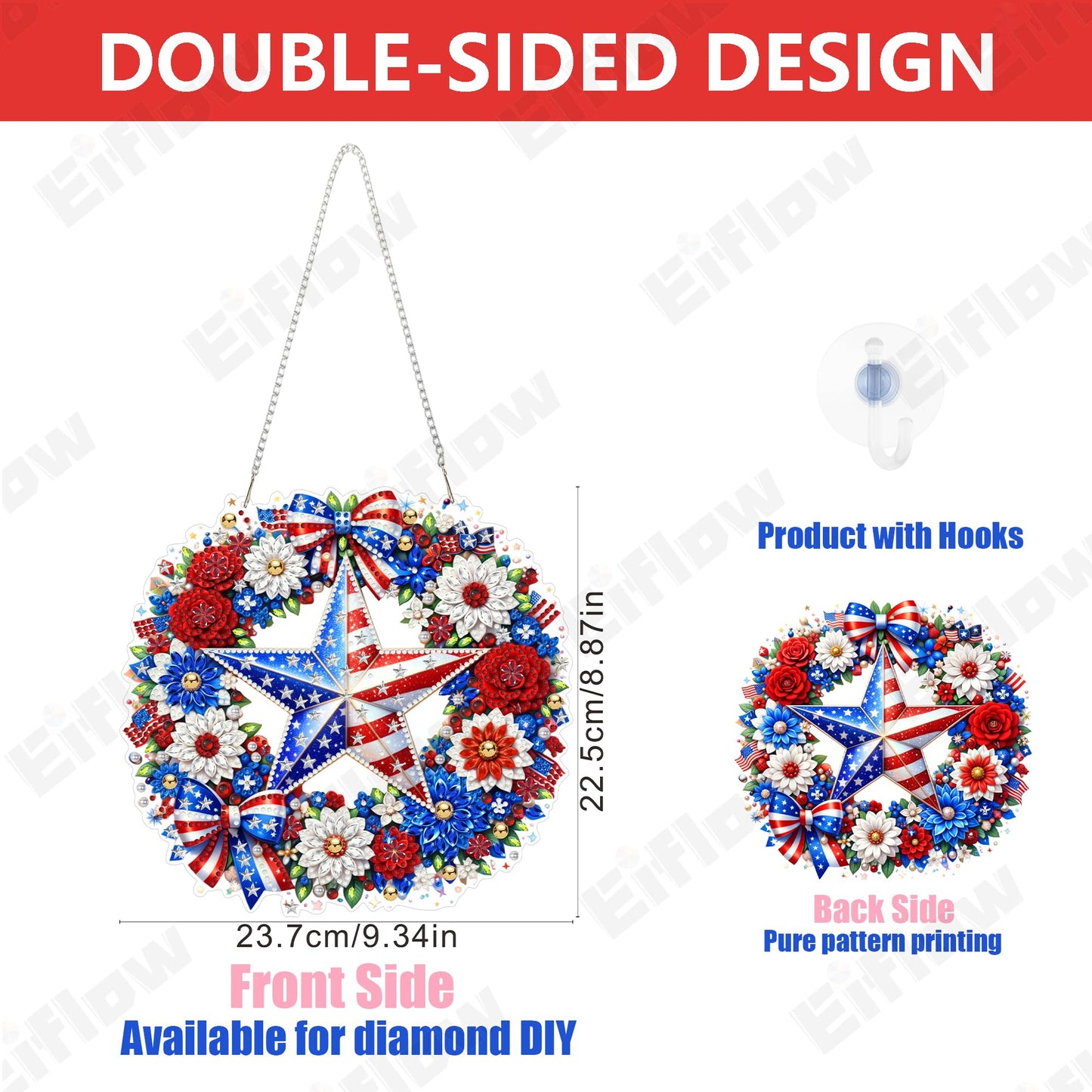 Eiflow Acrylic Diamond Art Hanging Kit for Adults 4th of July, DIY Diamonds Painting Door Hanging Board Kit, Special Crystal Diamond Art Painting Pendant Ornament (Wreath)