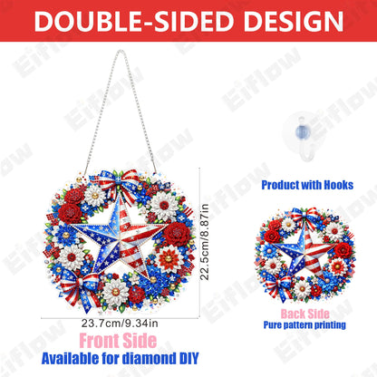 Eiflow Acrylic Diamond Art Hanging Kit for Adults 4th of July, DIY Diamonds Painting Door Hanging Board Kit, Special Crystal Diamond Art Painting Pendant Ornament (Wreath)