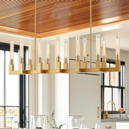 TACDANDM 54-inch Linear Dining Room Pendant Light Fixture with Glass Tube,Gold Rectangular 12-Lights Industrial Kitchen Island Lighting Over Table(Included E26 Bulbs)