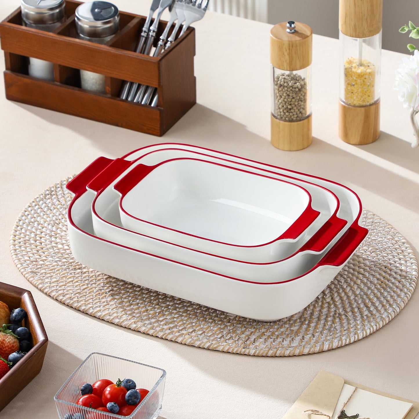 MALACASA Casserole Dishes for Oven, Ceramic Baking Dishes Set of 3, Rectangular Lasagna Pan Deep Baking Pans, Bakeware Sets with Handles Gift Set, White with Red Trim (13.8''/11.7''/9.4''), Series BAKE