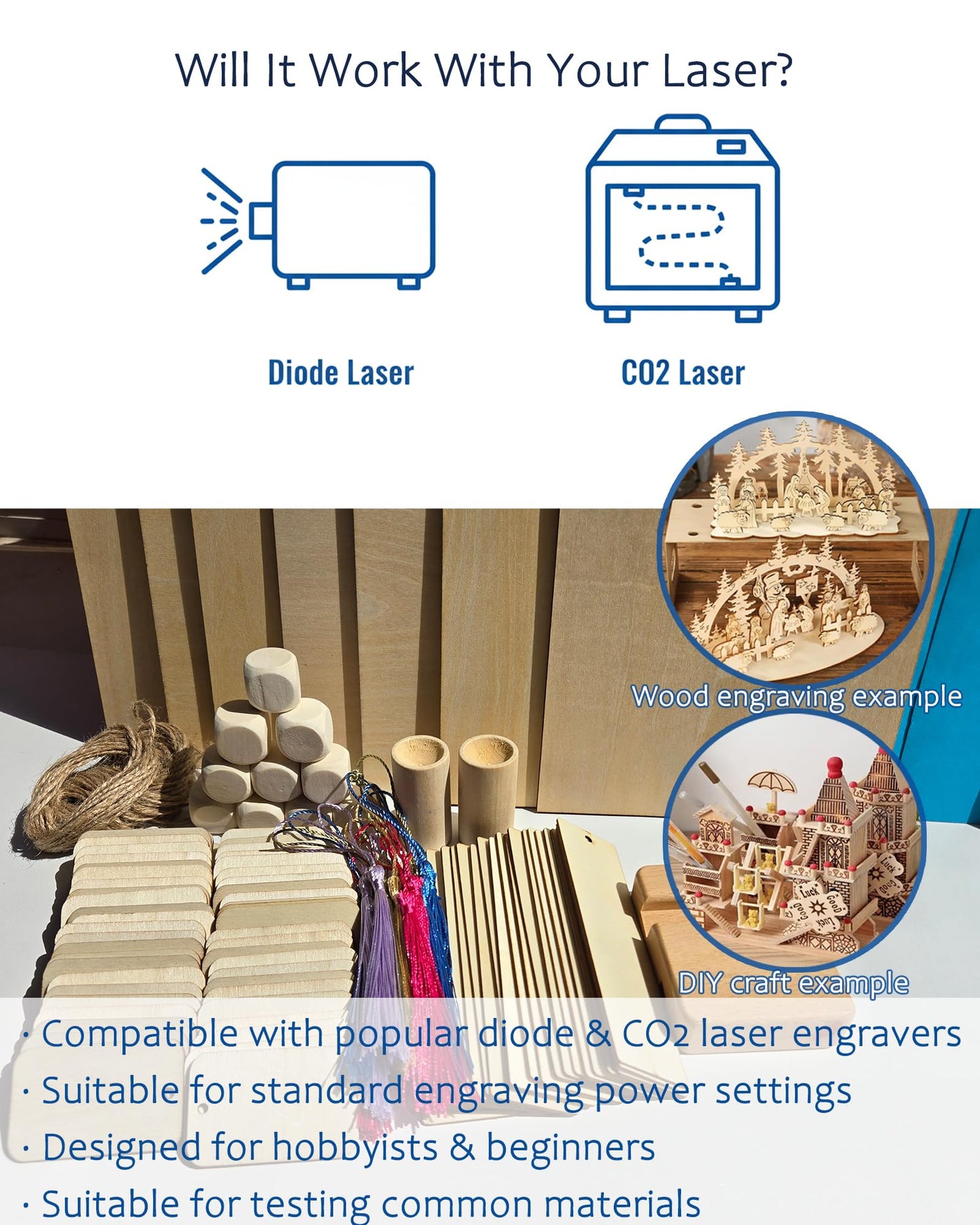 YoSpciaNe Laser Engraving Material Kit, 143 Pcs 19 Types Laser Engraver Blanks and Laser Engraver Supplies for Testing Common Materials, with Wood, Paper, Acrylic, Metal, PU Leather
