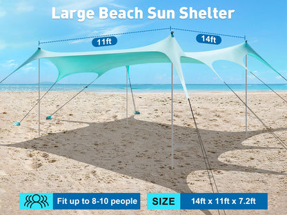 Beach Tent Shade Canopy, 14 x 11FT Oversized Beach Canopy with 8 Sandbags, UPF 50+ Protection Outdoor Beach Tent Sun Shelter for Camping Trips, Fishing, Backyard - Superior Wind Resistance