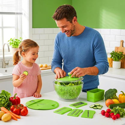 5-in-1 Salad Spinner Large with Lid Vegetable Washer and Dryer Fruit Cleaner Vegetable Chopper & Slicer with 5 Blades, 5 Qt Lettuce Spinner Strainer Shredder Bowl Egg Yolk Separator for Easy Meal Prep