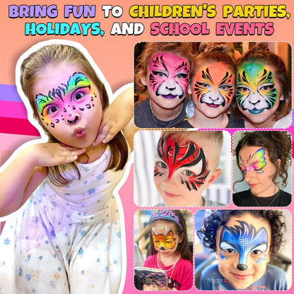 Drawdart Professional Face Painting Kit for Kids Adults, Large Split Cake Face Paint Palette with Glitters, One Stroke Non-Toxic Rainbow Face Body Makeup Kit for Festival, Party & Cosplay Makeup