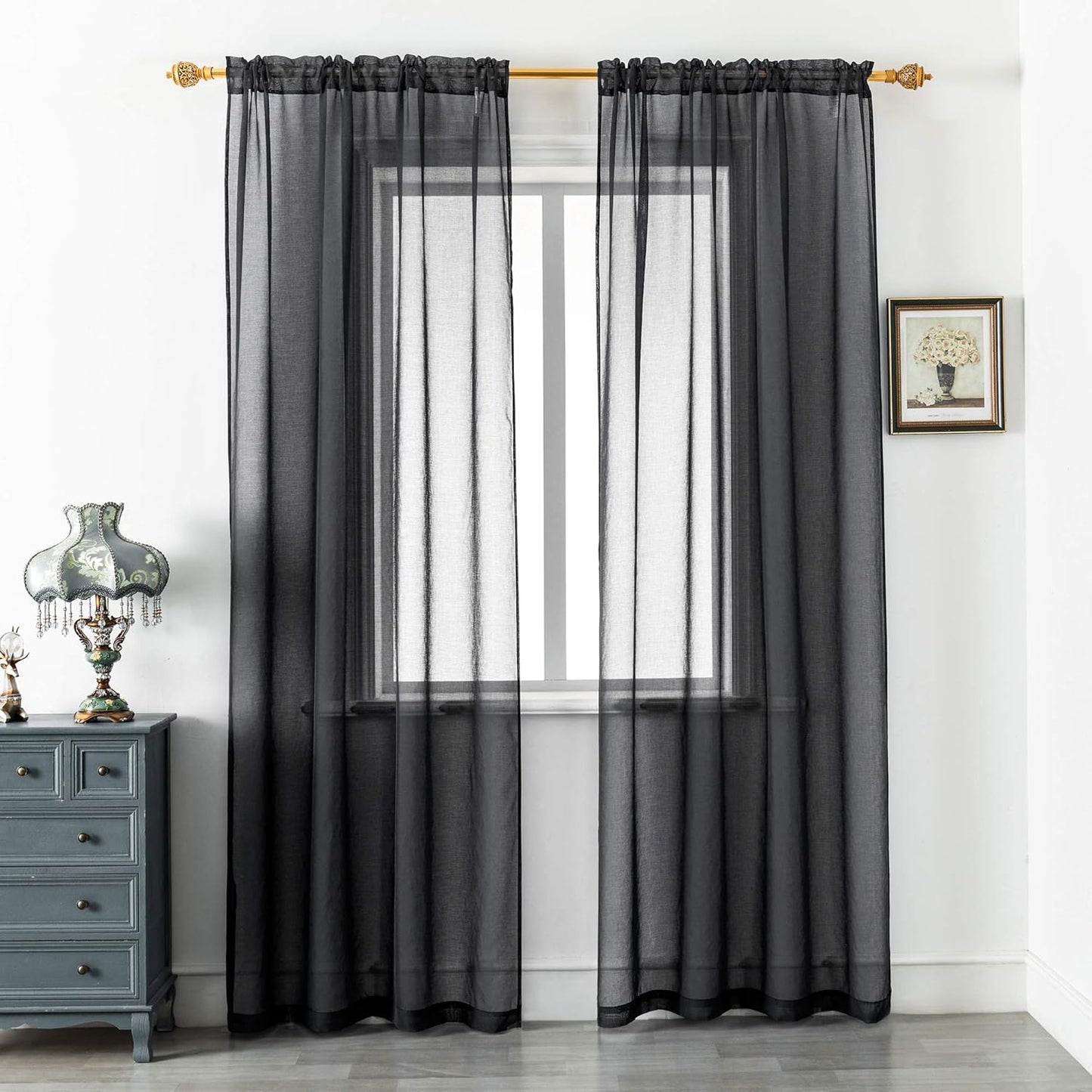 DUALIFE Black Sheer Curtains 72 Inch Length, Set of 2 Panels Rod Pocket Faux Linen Semi Translucent for Living Room