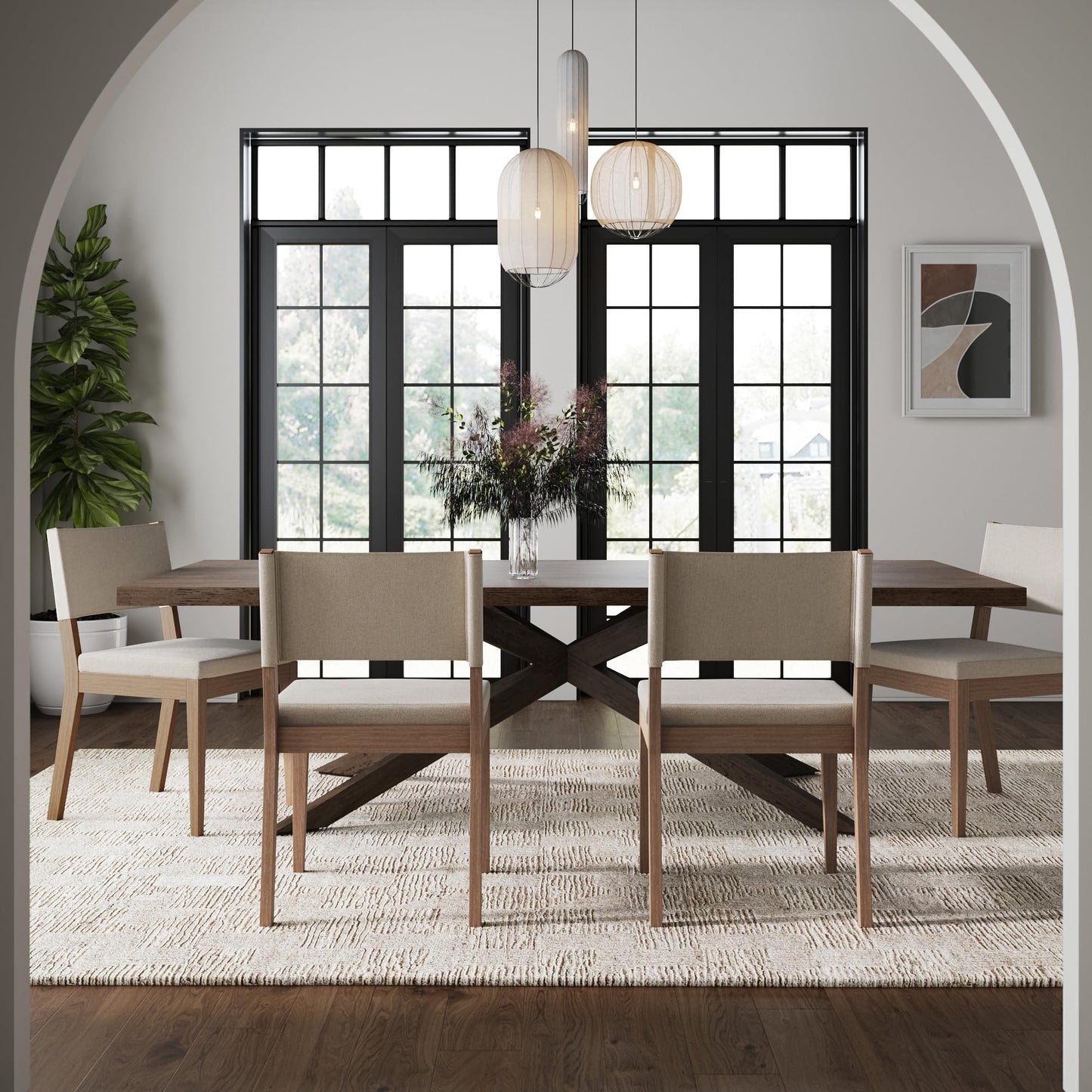 Nathan James Linus Modern Upholstered Dining Chair with Solid Rubberwood Legs in a Wire-Brushed Brown Finish, Natural Flax/Brown, Set of 4