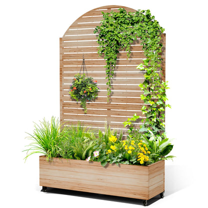 Metal Raised Garden Bed with Trellis, 2-in-1 Planter Box & Privacy Screen for Climbing Plants, Outdoor Standing Flower Bed with Drainage Holes, 47.2" L x 16.7" W x 70.8" H, Acacia Wood Grain-Louvered