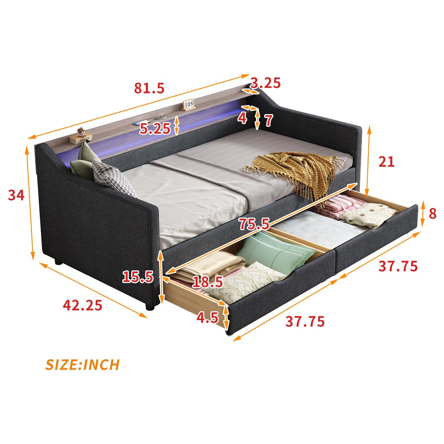 Ball & Cast Twin Size Daybed Frame with Storage Drawers and 2-Tier Shelf,Modern Linen Upholstered Sofa Bed w/Charging Station,Smart LED Light,Wood Slats Support,for Livingroom,Apartment,Dark Grey