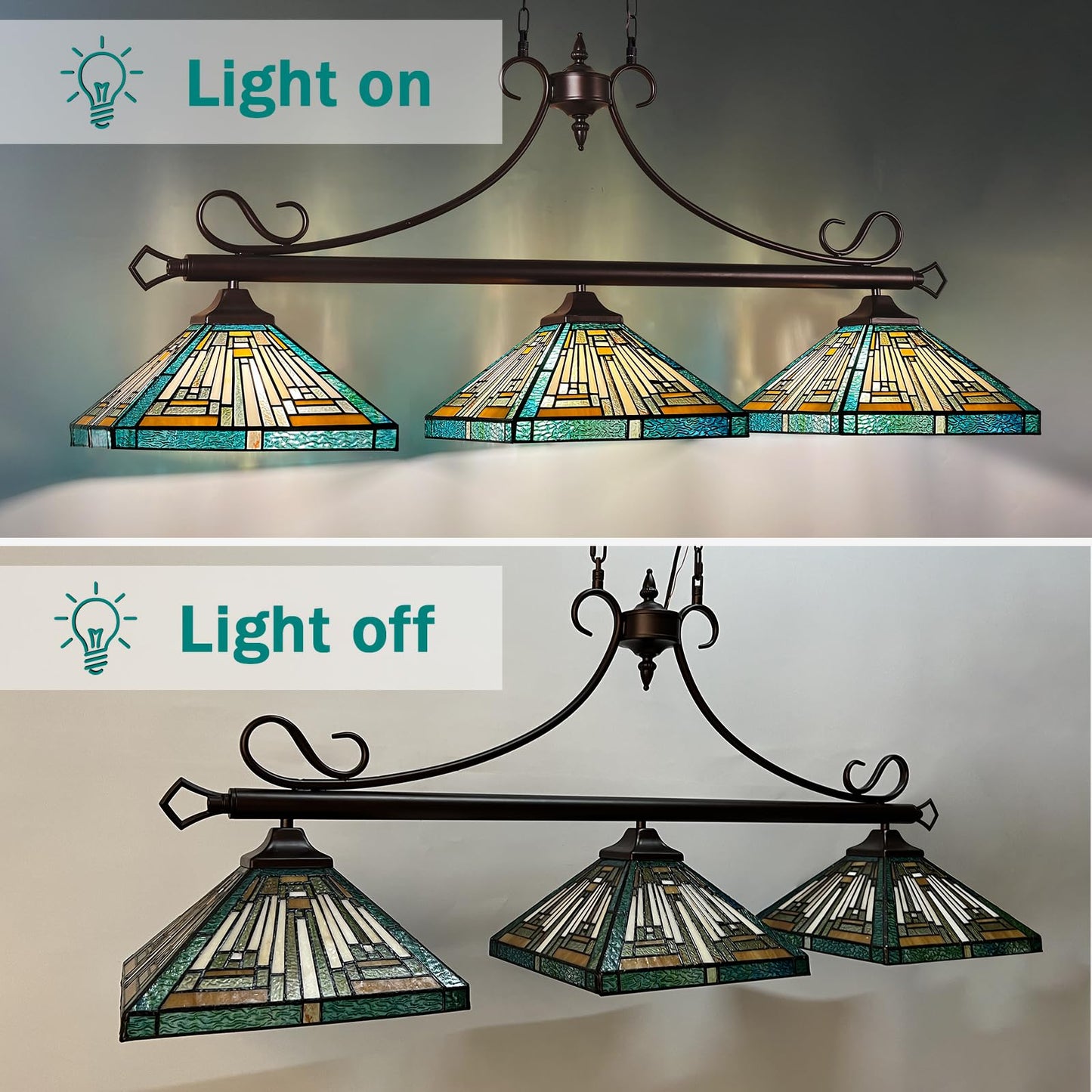 Capulina Tiffany Lamp Stained Glass Pool Table Light Chandelier 3-Lights 12 Inches Wide Amber Green Antique Mission Tiffany Style Pendant Light for Dining Room Kitchen Island Pool Table Hall Farmhouse
