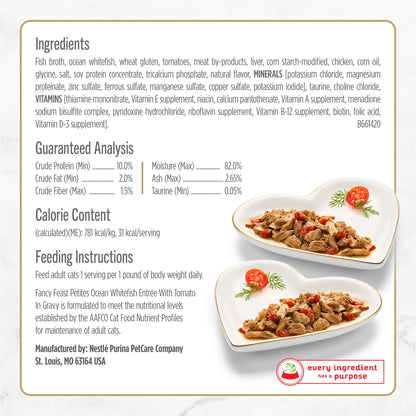 Purina Fancy Feast Petites Ocean Whitefish Entree With Tomato in Gravy Gourmet Wet Cat Food - (Pack of 12) 2.8 oz. Tubs