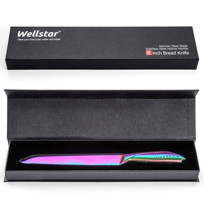 WELLSTAR Bread Knife 8 Inch, Serrated Bread Cutter, Ultra Sharp German Stainless Steel Blade and Comfortable Handle with Rainbow Titanium Coated for Slicing Breads Loaves Bagel Cake and Large Fruit