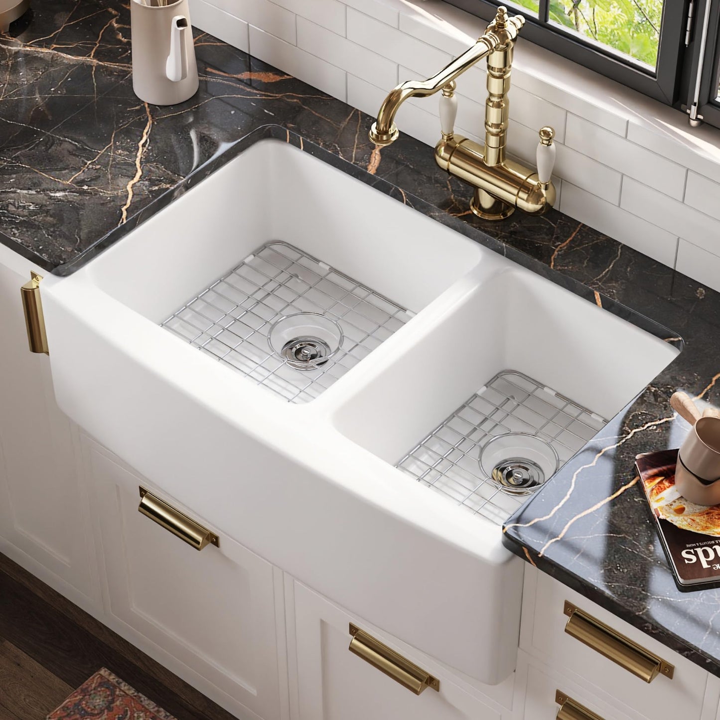 DeerValley Double Bowl White Kichen Sink 33 inch, Ceramic Apron Front Farmhouse Sink, Deep Drop-in Fireclay Undermount Large Sinks with Grid & Strainer