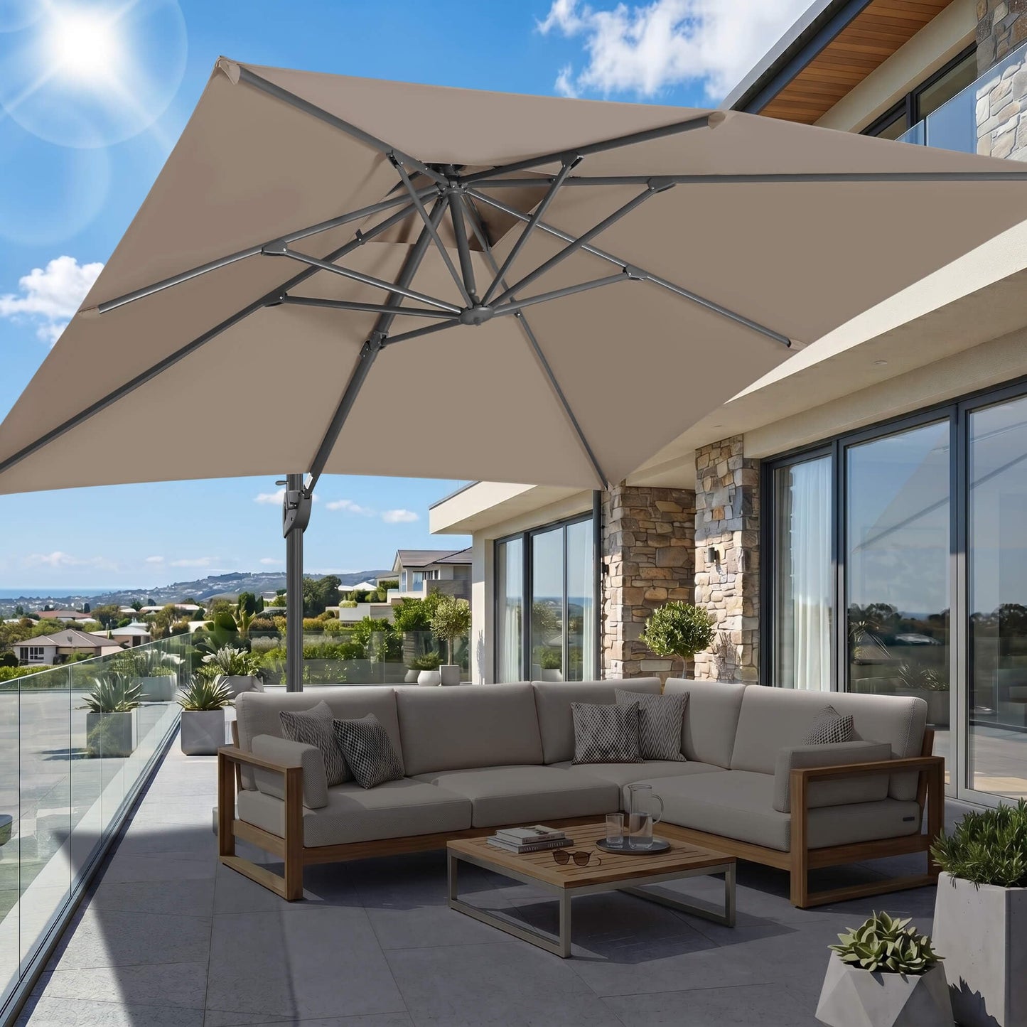 FLAME&SHADE 10 X 10 FT Cantilever Patio Umbrella - Large Square Offset Umbrella Outdoor Patio with 360-Degree Rotation and 3-Year Fade Resistance Fabric for Deck Pool Backyard Garden (Taupe)