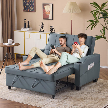 VINGLI Blue Grey Futon Sofa Bed Convertible Loveseat Sleeper Couch, Faux Leather Pullout Sofa Fold Out Couch Bed with USB Ports, Cup Holders, Armrest for Living Room, Bedroom Apartment Room