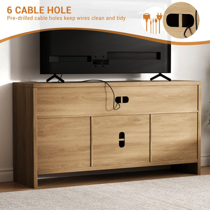 GarveeHome Boho TV Stand for TV Up to 65 in,58" Modern Rattan Entertainment Center with Storage and Adjustable Shelves,Wooden TV Console Cabinet with Doors for Living Room/Bedroom/Farmhouse(Brown)