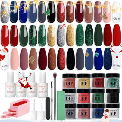AZUREBEAUTY 31 Pcs Dip Powder Nail Kit 20 Colors Glitter Nude Brown Pink White Gray Dip Powder Liquid Set with Top/Base Coat Activator for French Nails Art Manicure DIY Salon Women Valentine's Gift