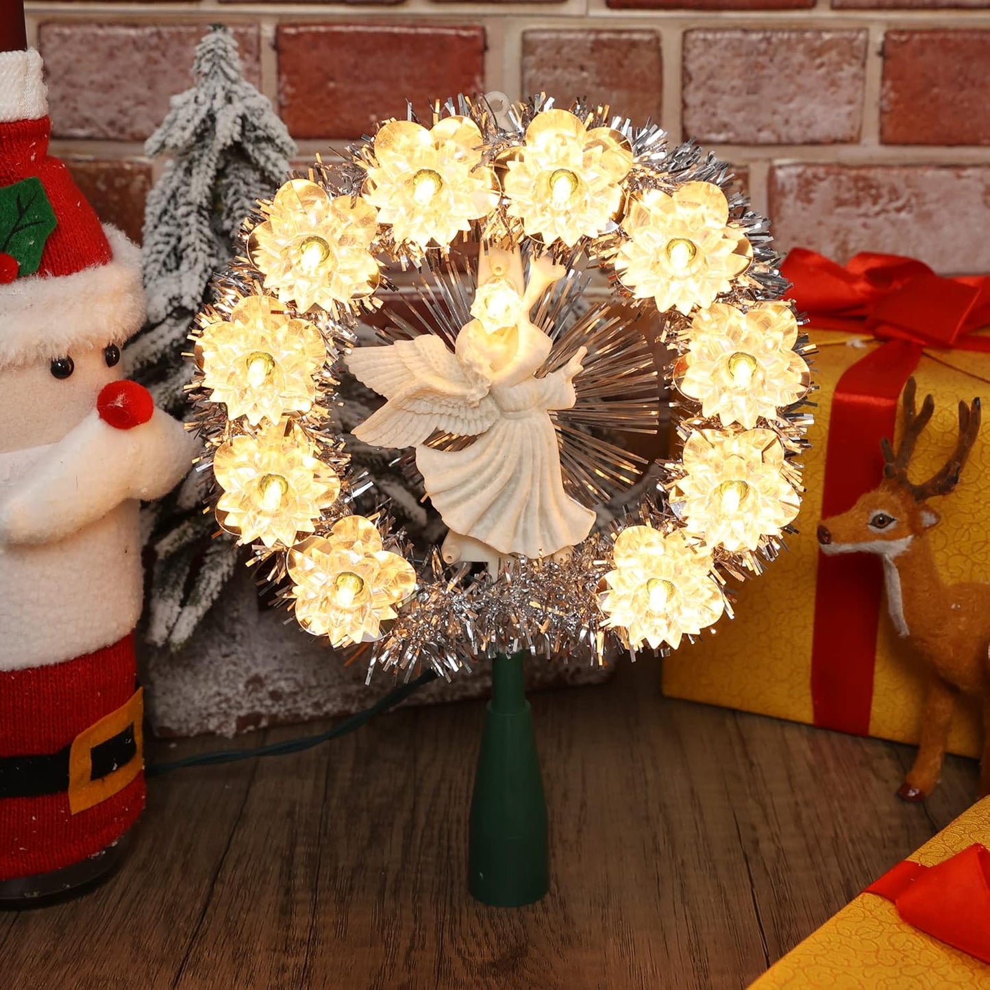 Brizled Christmas Tree Topper, 8" Lighted Angel with 11 Count Lights, Warm Lighted Treetop for Christmas Tree