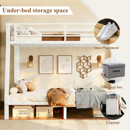 Full XL over Queen Metal Bunk Beds for Kids Teens Adults, Heavy-duty Metal Bunk Bed Frame with Guardrails, Ladders & Under-bed Storage for Bedroom Guest Room Dorms, Space-saving/Noise-reduce, White