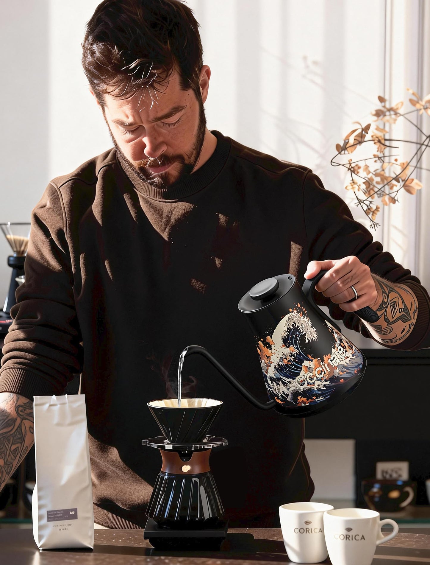 Cocinare Gooseneck Electric Kettle, ±0.5°F Precise Temperature Control, 1500W Fast Heating, Pour-Over Coffee & Tea, Stainless Steel, 0.9L (Artisan Wave Design)