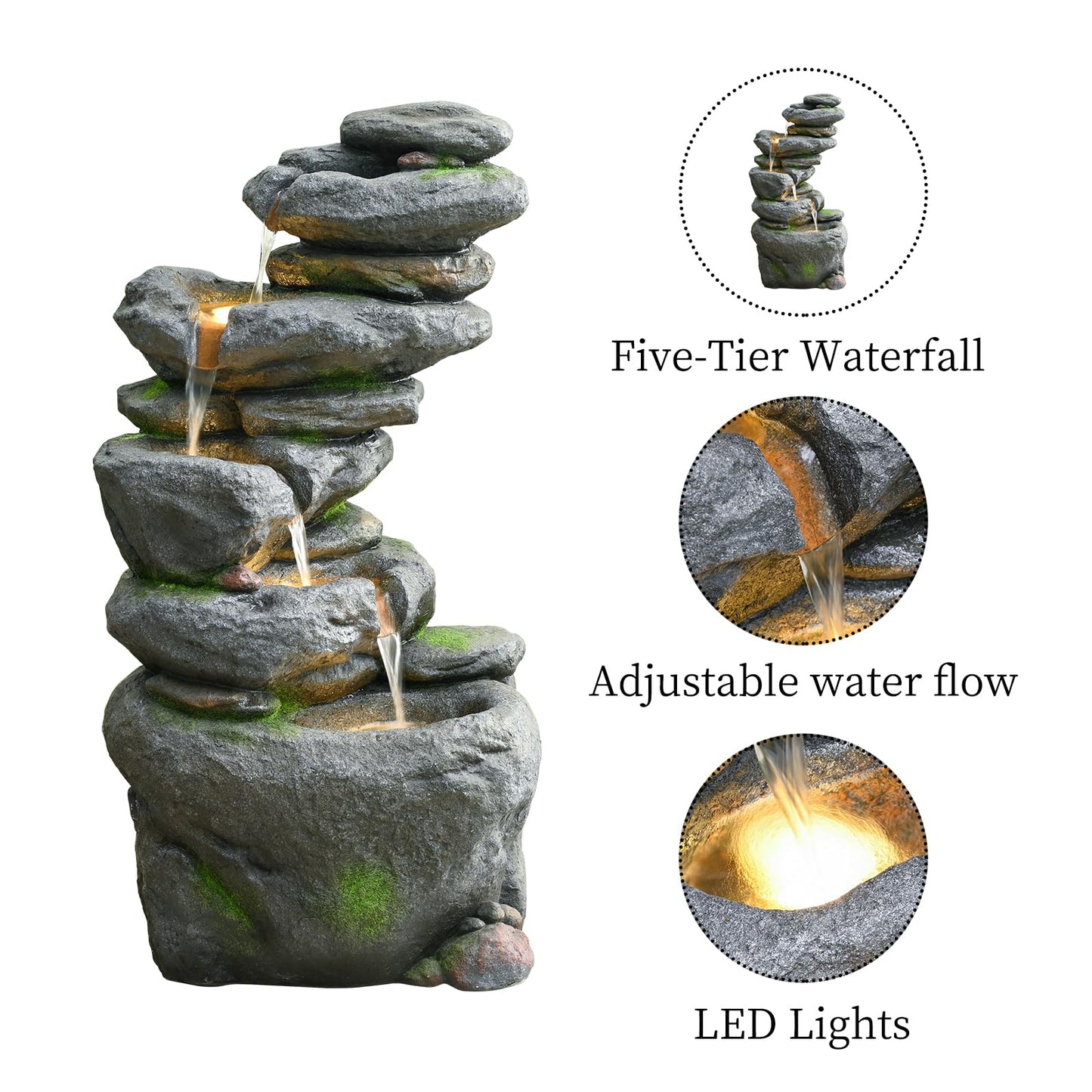 38" Outdoor Garden Water Fountain with Lights 5 Tiers Cascading Large Waterfall Floor Standing Fountain for Patio, Backyard, Deck, Porch and Home Art Decor