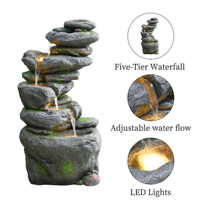 38" Outdoor Garden Water Fountain with Lights 5 Tiers Cascading Large Waterfall Floor Standing Fountain for Patio, Backyard, Deck, Porch and Home Art Decor