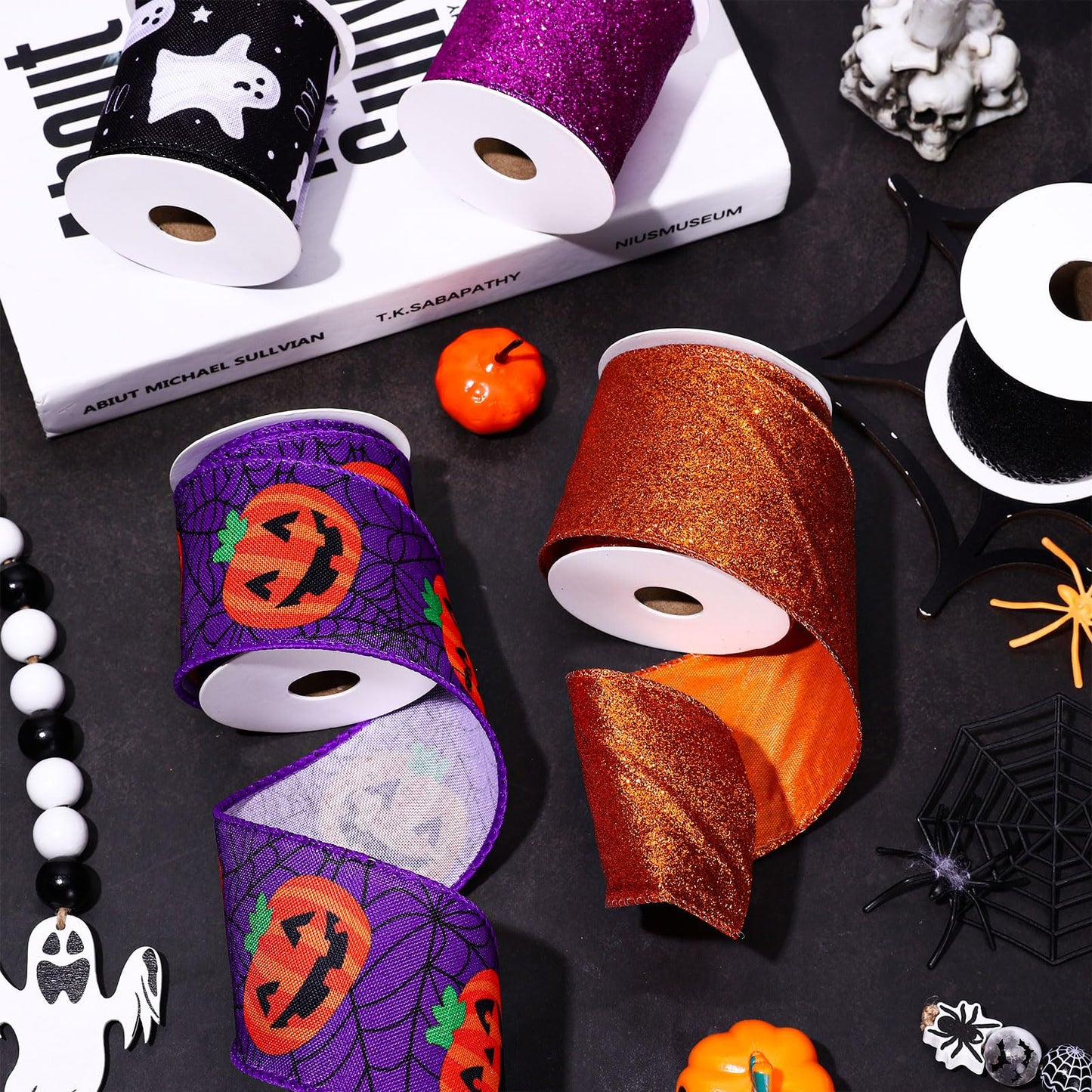 Whaline 6 Rolls Halloween Wired Edge Ribbon 2.5 Inch 30 Yards Glitter Purple Orange Black Ghost Boo Pumpkin Spider Printed Ribbon for Bow Wreath Craft Gift Wrap Party Decor