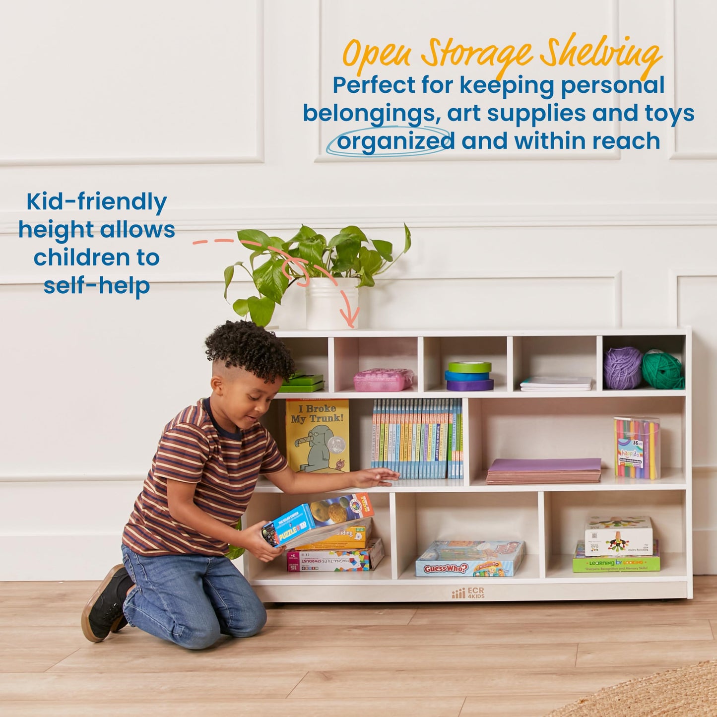 ECR4Kids 5+5 Cubby and Storage Mobile Tray Cabinet, Classroom Furniture, White Wash