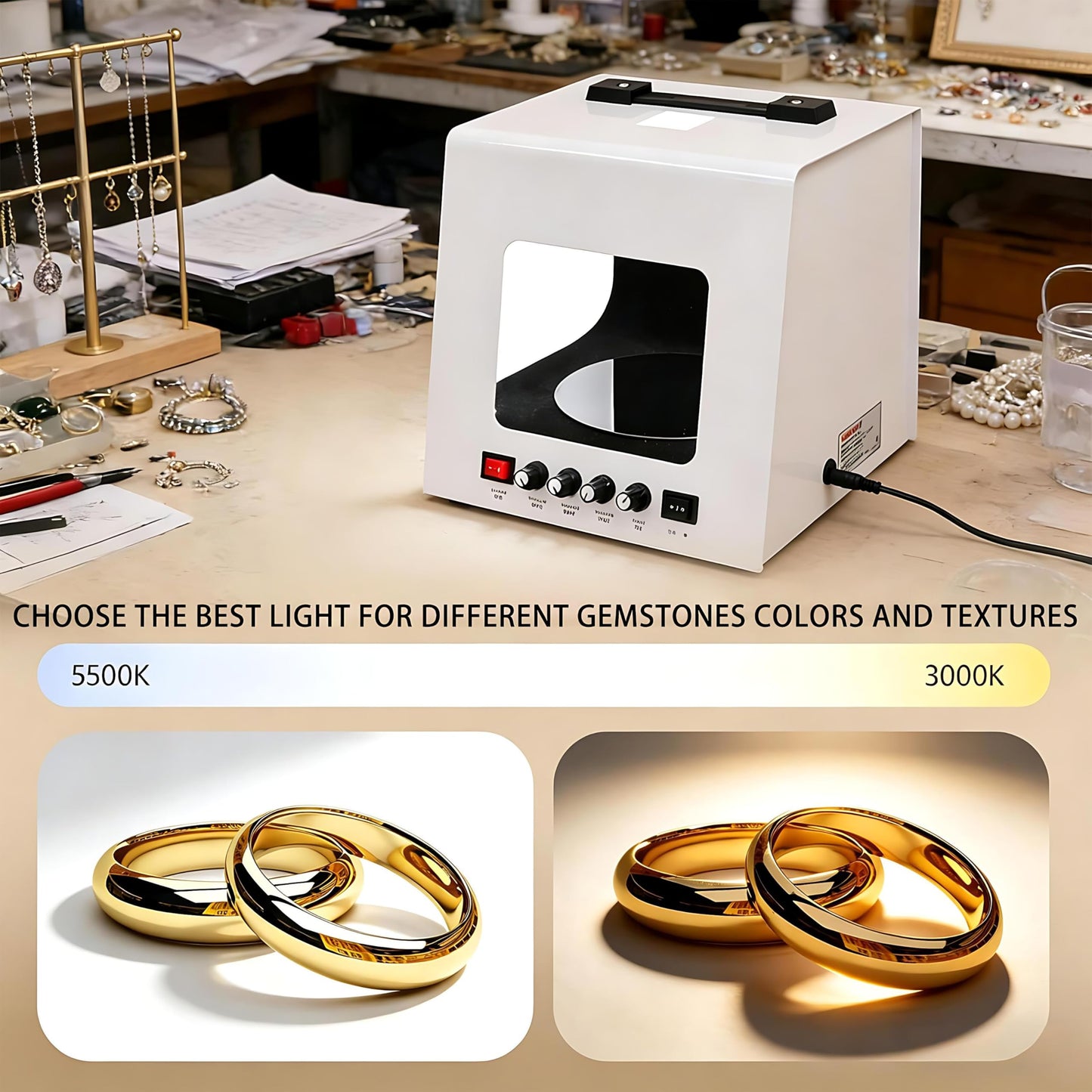 QIUNAOZI Adjustable Turntable Premium Photo Studio, Professional Jewelry Photography Light Box Kit, Hanging Bracket, 4pcs Fill Lights, Adjustable Brightness, for Jewelry, Small Items White-TB30