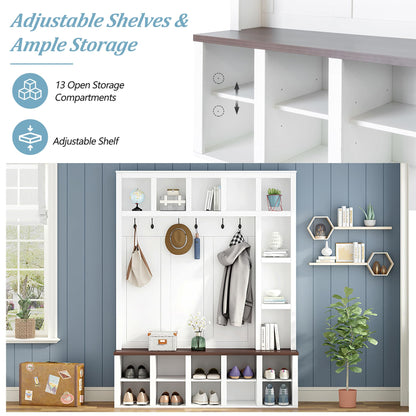 Merax Hall Tree with Bench and Shoe Storage, Farmhouse Wooden Coat Rack with 6 Hooks, Built-in 18 Open Compartments, for Entryway, Living Room, White