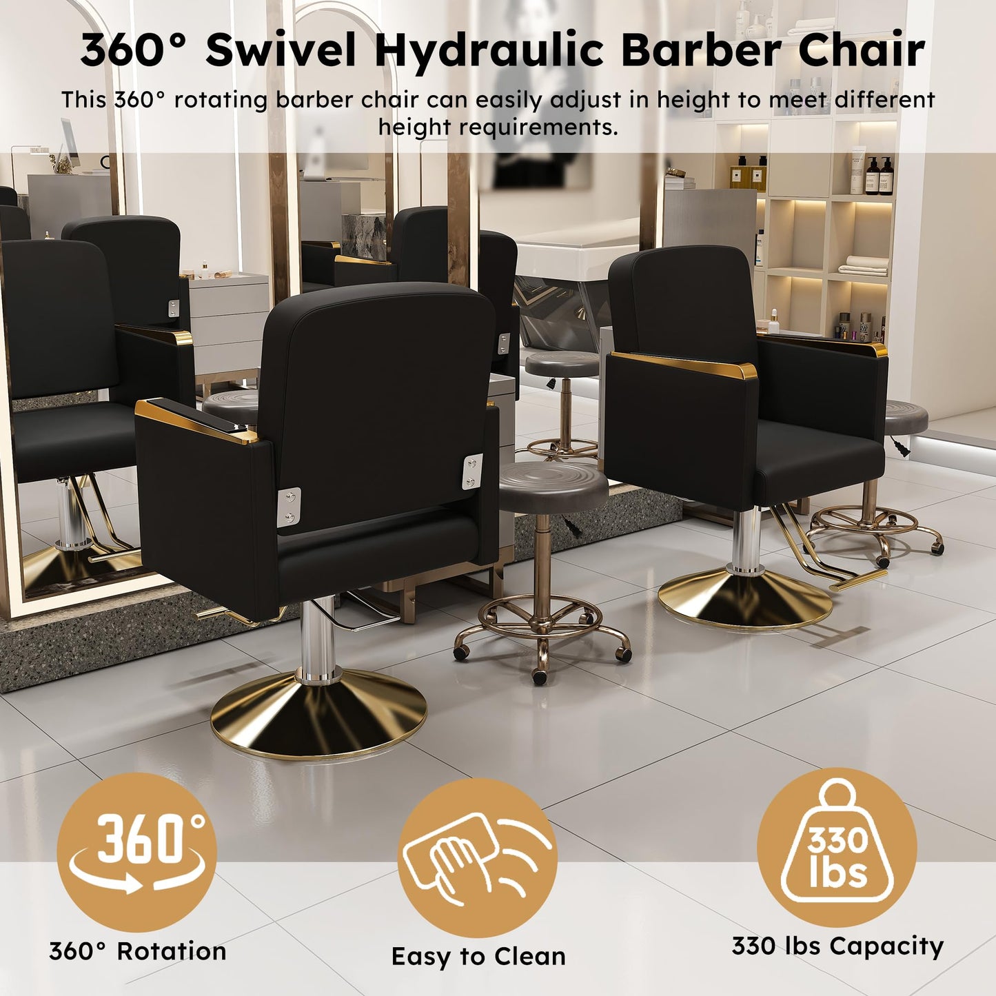 KEIKI Professional Salon Chair, 360° Swivel Hydraulic Barber Chair, Non-Tilting Styling Chair for Hair Salon, Tattoo & Beauty Spa, Black & Gold