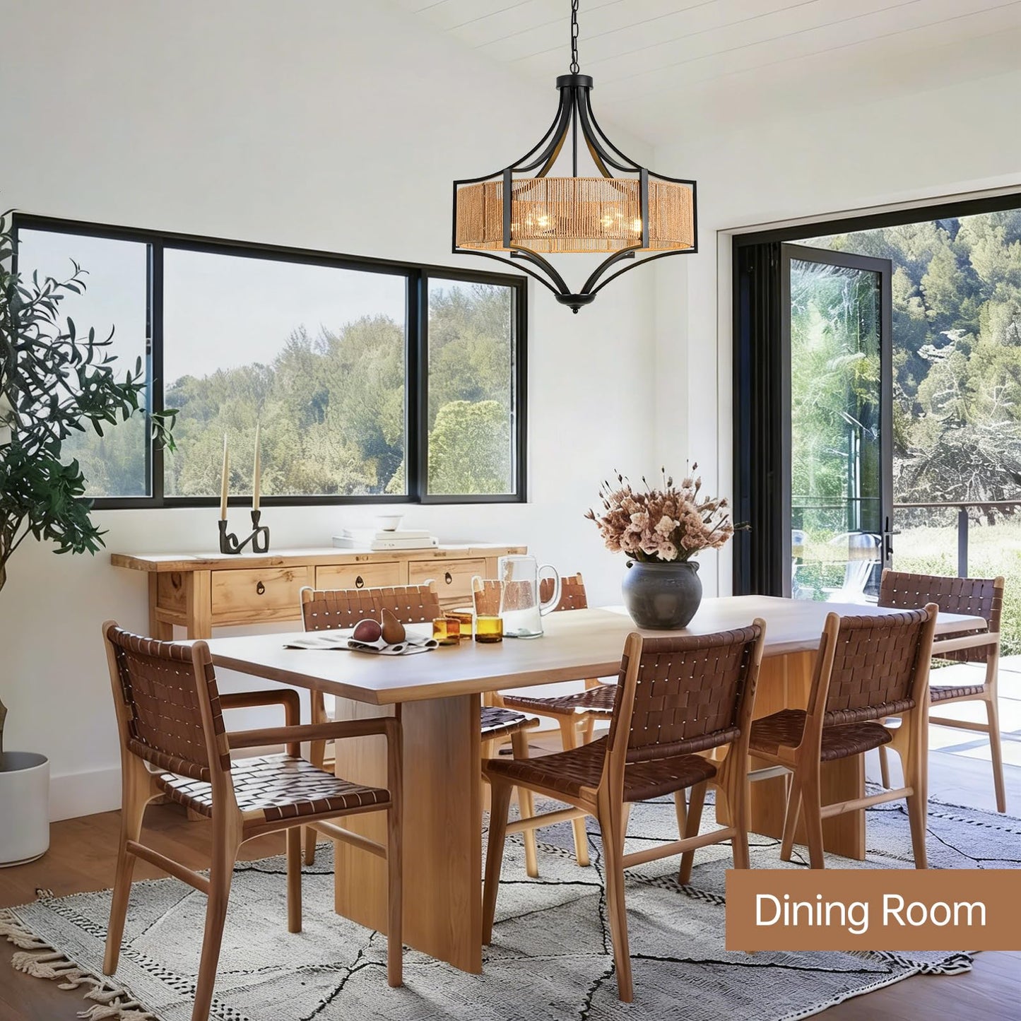 25.6" Rattan Farmhouse Chandelier Teardrop Light Fixtures, 6-Light Rustic Rattan Pendant Lighting with Straight Woven Shade Boho Black Hanging Light for Dining Room Living Room Kitchen Island Bedroom