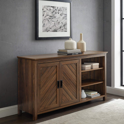 Walker Edison Modern Wood Grooved Buffet Sideboard with Open Storage Entryway Serving Storage Cabinet Doors Dining Room Console, 58 Inch, Dark Walnut