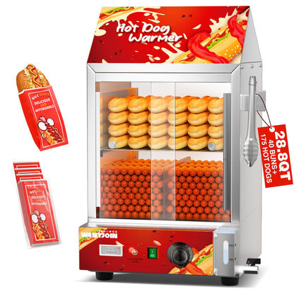 WantJoin Hot Dog Steamer - 28.8QT Commercial Electric Hot Dog Steamer with Bun Warmer, Glass Sliding Door Steaming Machine for 175 Hot Dogs and 40 Buns Adjustable Temperature Red