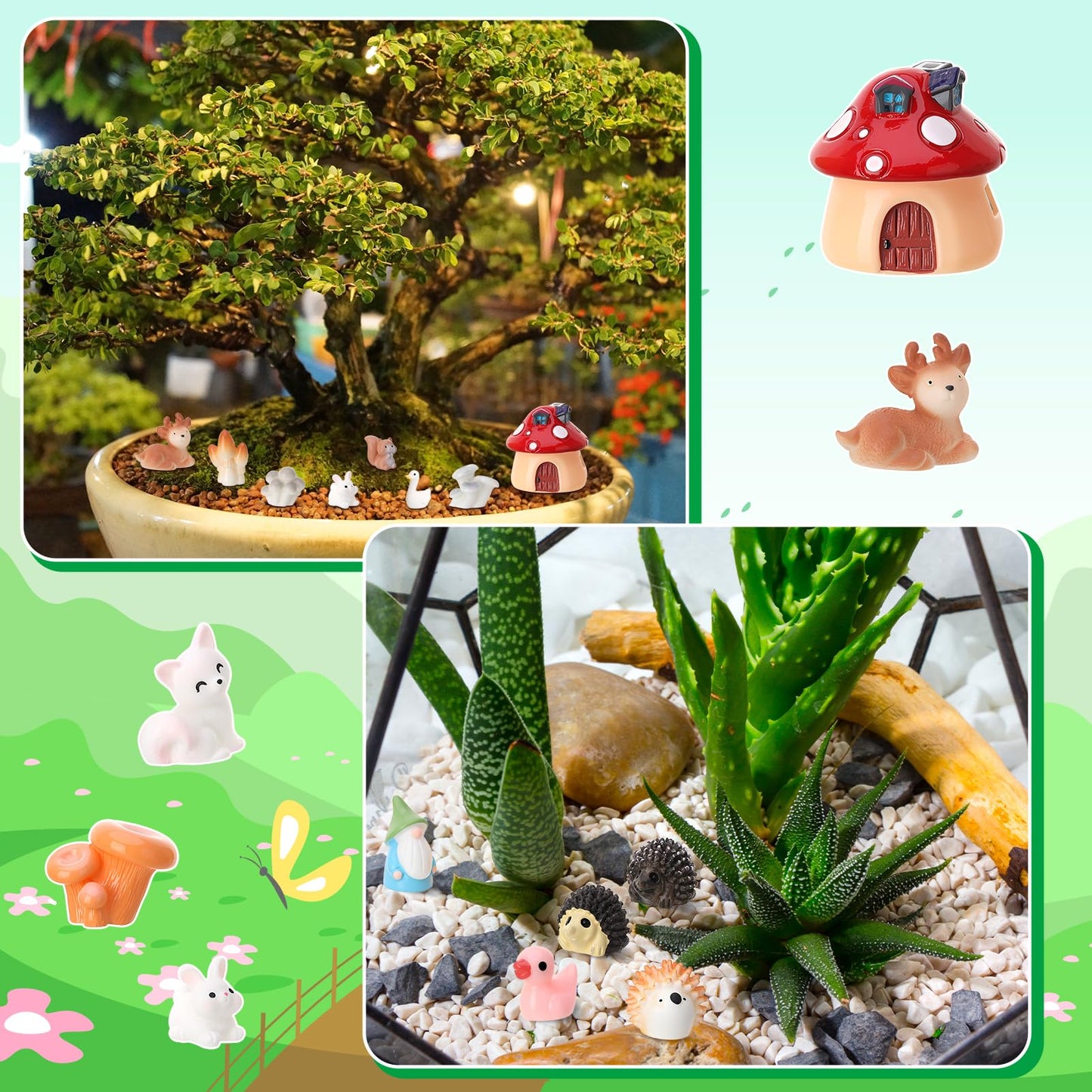 GGSTDDUP 54 Pcs Fairy Garden Accessories, Mini Resin Animals Figures, Miniature Table and Chairs, Bridge, Fence, Fairy House Kit with 50g Artificial Moss for DIY Craft Landscape Bonsai Glass Container