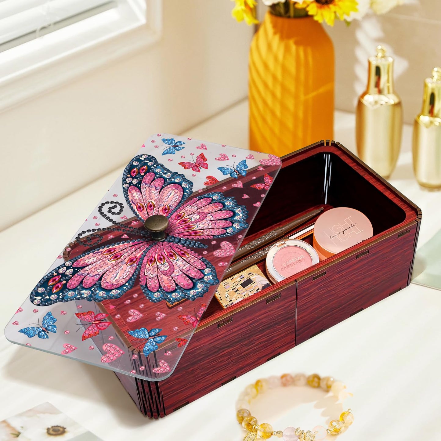 JBTM24 Diamond Art Painting Storage Box Kit, DIY Rectangular Wooden Decorative Container Holder with Lid, Snack Jewelry Gem Art Organizer Case for Adults (Butterfly)