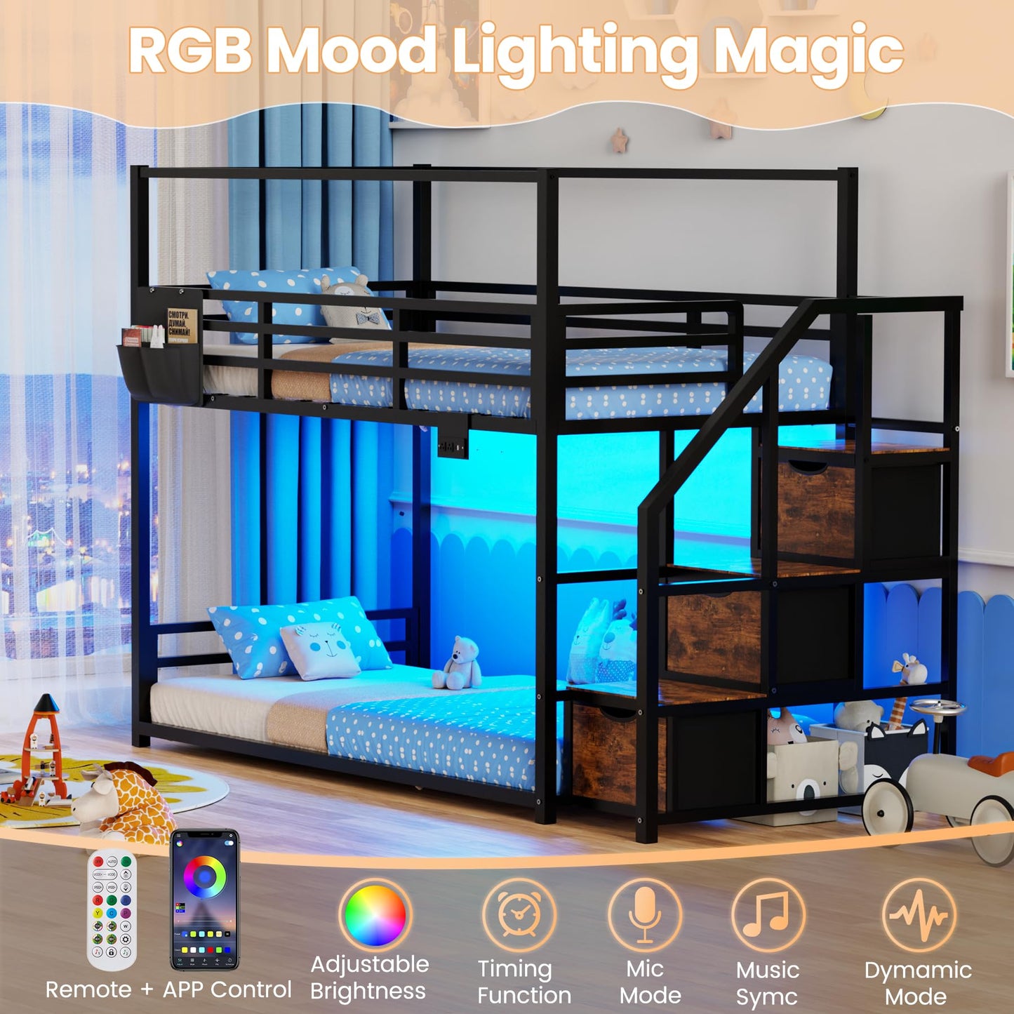 Low Bunk Bed Twin Over Twin with Storage Staircase, RGB LED Lights, Drawers & Shelves, Metal Bunk Beds for Kids with Power Outlet, Double Full-Length Guardrails & Metal Slats for Small Space, Black