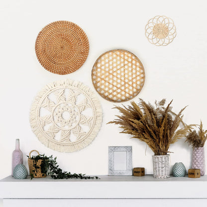 Tatuo Set of 4 Boho Wall Basket Decor Round Rattan Hollow Bamboo Baskets Flower Shape Flat Woven Wall Decor Hanging Basket Set Macrame Tassel Tapestry for Bedroom Living Room