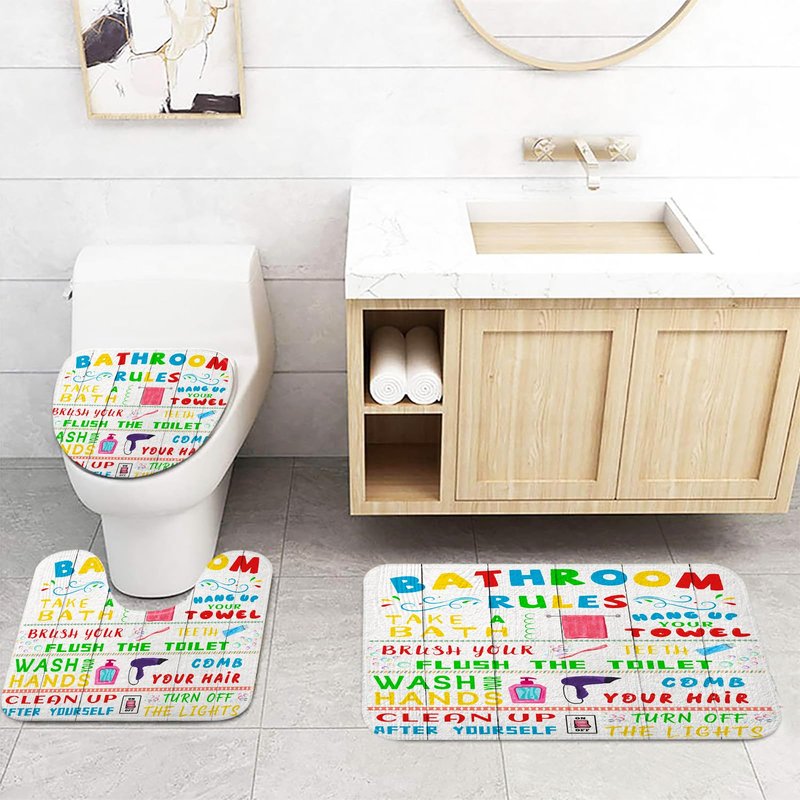 4 Pcs Kids Shower Curtain Sets, Funny Teen Boy Girl Bathroom Sets with Non-Slip Rugs and Accessories, Cute Colorful Bathroom Rules Fabric Toilet Lid Cover and Bath Mat, Shower Curtain with 12 Hooks.