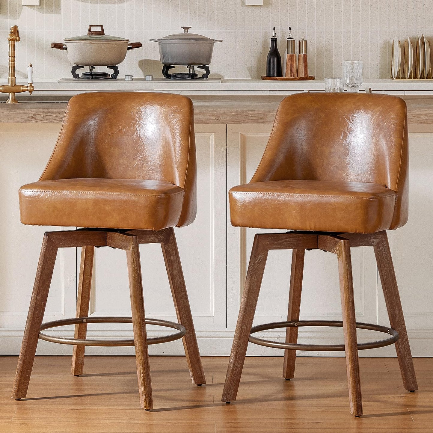 Finekoze Counter Height Bar Stools,Brown-Colored Faux Leather Comfort Fabric Bar Stool Set of 2，360° Swivel Counter Height Stools Solid Wood Legs,27'' Barstools with Contoured Backrest