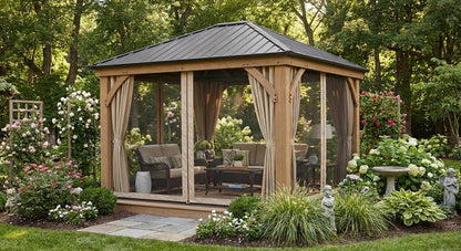 10’X10’ Spruce Wood Hardtop Gazebo with Double Metal Roof, Heavy-Duty 4.7" Poles, Curtains & Netting, All-Weather Outdoor Pavilion for Patio, Deck, Backyard, Lawn, Khaki – Easy Assembly