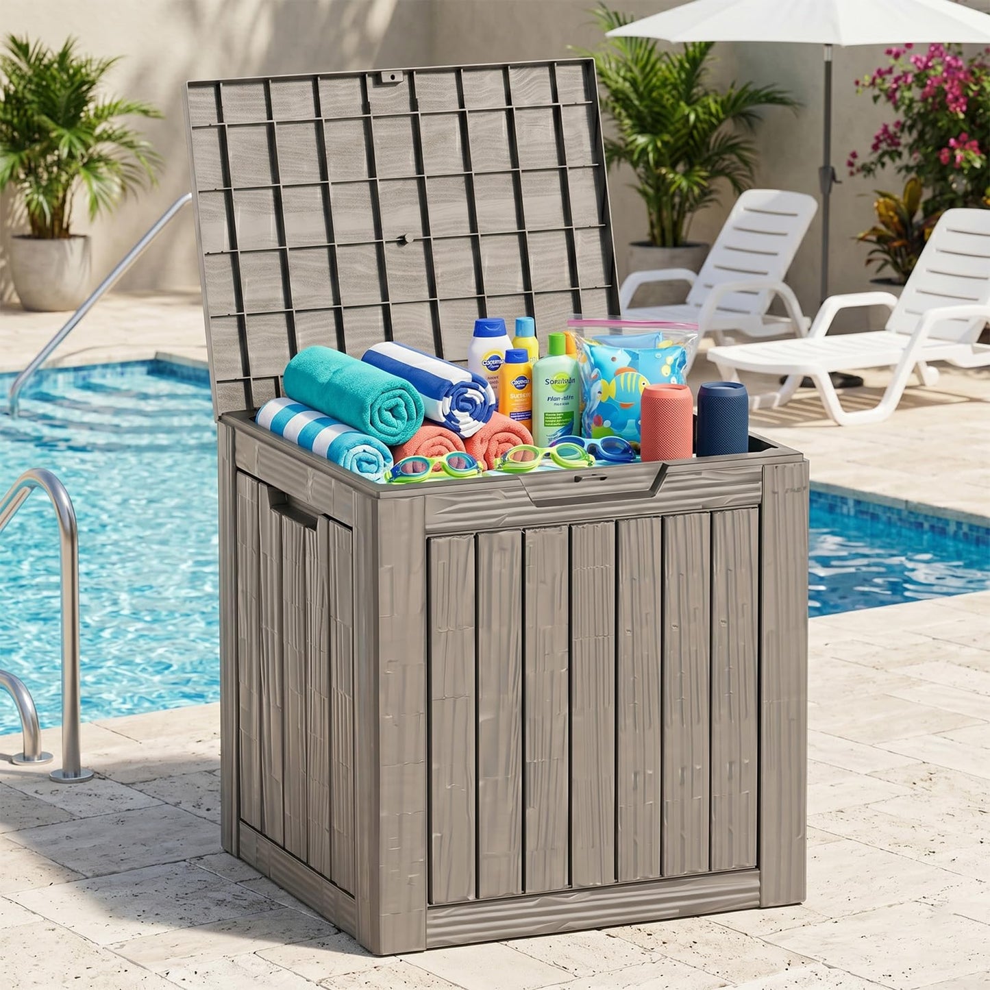 MAKINO 275 Gallon Resin Outdoor Storage Box, Waterproof Deck Box with Lockable Lid, Outside Storage Box for Patio Furniture, Pool Accessories, Garden Tools, Storage Bench for Backyard, Coffee