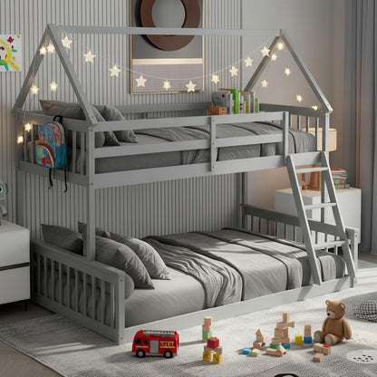 KOMFOTT Wood Twin Over Full House Bunk Bed with Built in Ladder, Solid Pine Wood Bunk Bed Frame with Safety Guardrails, House Bunk Bed Frame for Kids, Teens, Juniors, No Box Spring Needed (Grey)