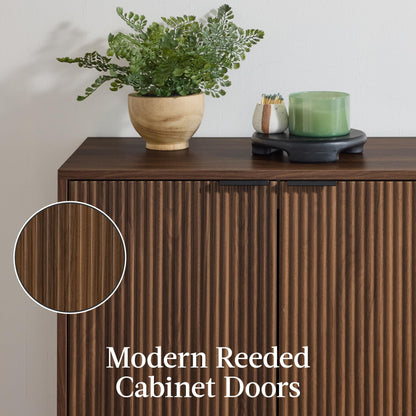 Best Choice Products 55" Modern 4-Door Sideboard Storage Cabinet, Buffet, Media Cabinet, Cupboard, Entryway Accent Table, Bookcase w/Reed Panels and Adjustable Shelves – Walnut
