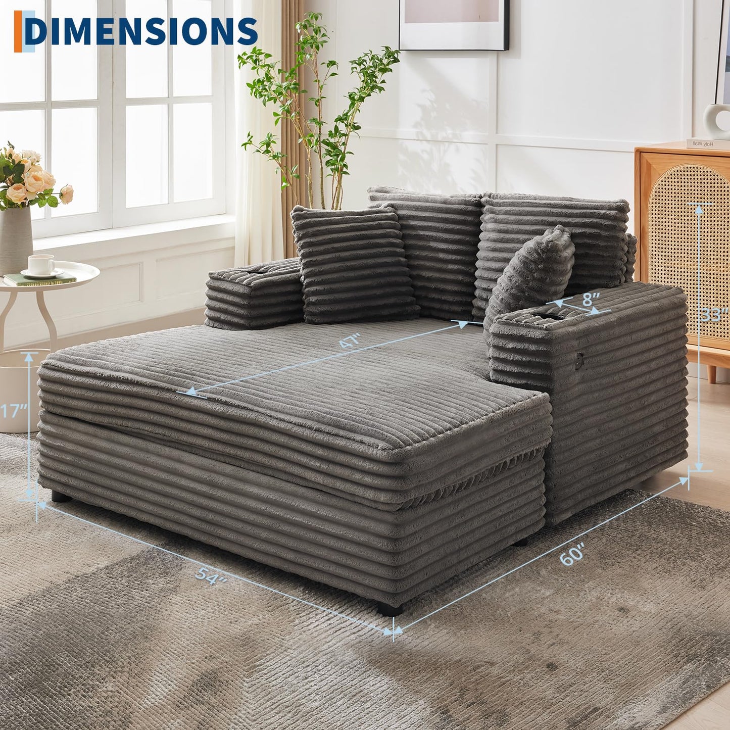Garvee 60" Oversized Chaise Lounge Chair Indoor, Corduroy Upholstered Sleeper Sofa Bed w/Cup Holder & Charging Port, Cloud Couch Sofa Chair w/Throw Pillows & Wide Arms for Living Room, Bedroom, Gray