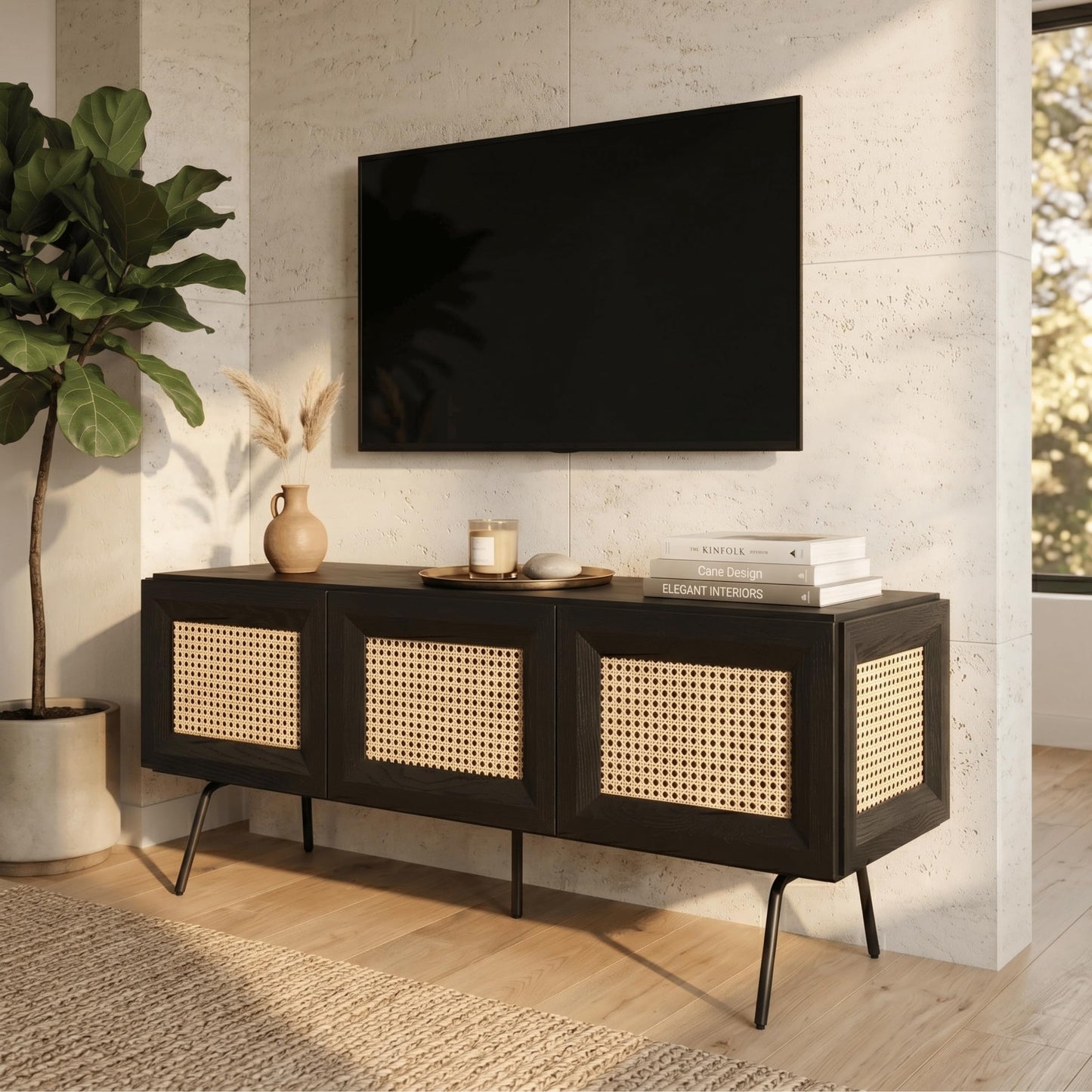 NTC Mossic TV Media Cabinet with 3 Doors for TVs, Entertainment Center with Natural Rattan, Metal Legs, Modern Storage Console for Living Room and Bedroom, Effortless Assembly, Burnt Black