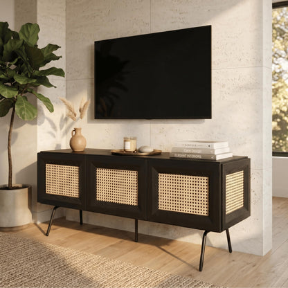 NTC Mossic TV Media Cabinet with 3 Doors for TVs, Entertainment Center with Natural Rattan, Metal Legs, Modern Storage Console for Living Room and Bedroom, Effortless Assembly, Burnt Black